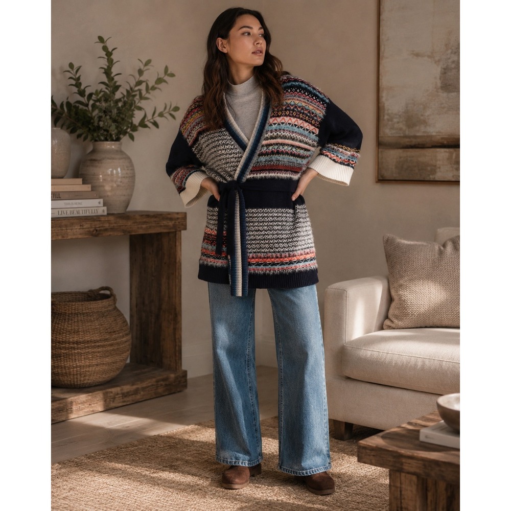 Sleeping on Snow Cardigan Women XS/S Navy Fair‎ Isle Boho Cottagecore